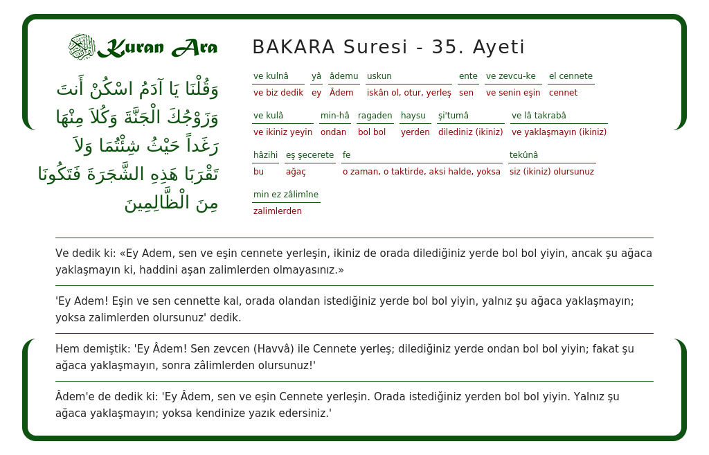 BAKARA Suresi 35 Ayeti KuranAra
